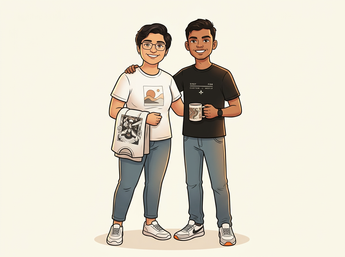 Illustration of ENSOUL's two founders holding a custom printed t-shirt and mug
