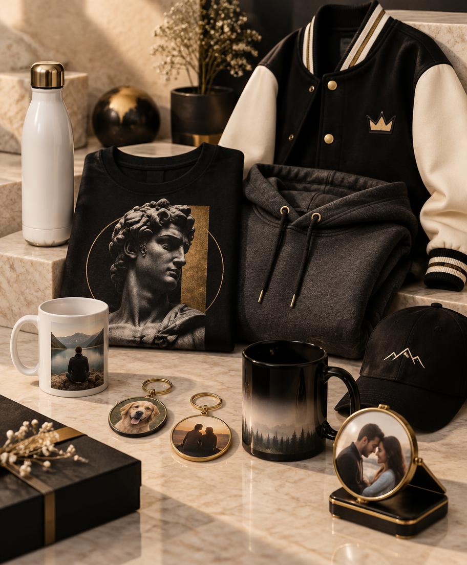 ENSOUL products: printed t-shirt, hoodie, varsity jacket, white mug and sipper, black cap, MDF keychains, magic mug and magic mirror